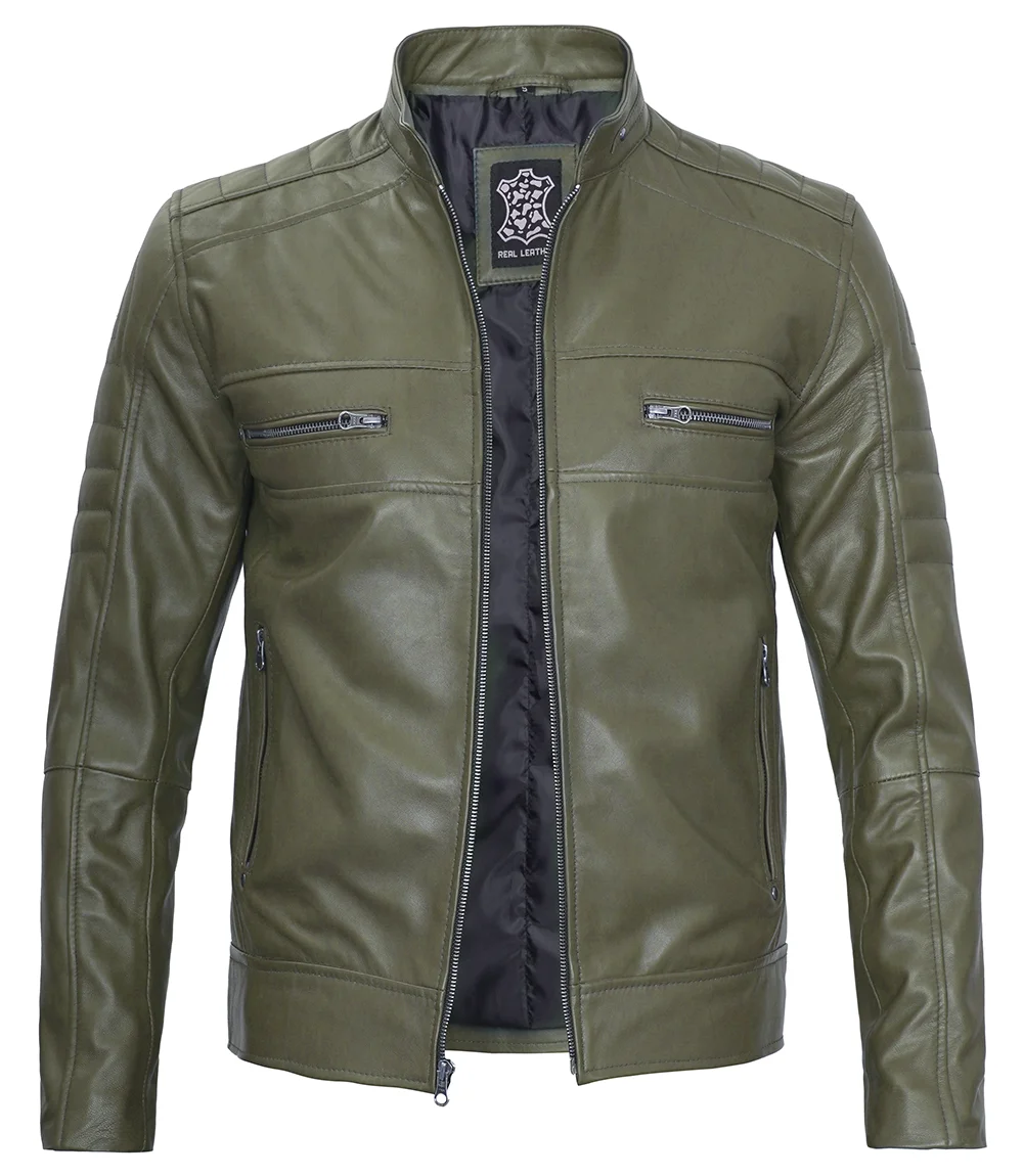 Austin Men Cafe Racer Dark Green Real Leather Jacket