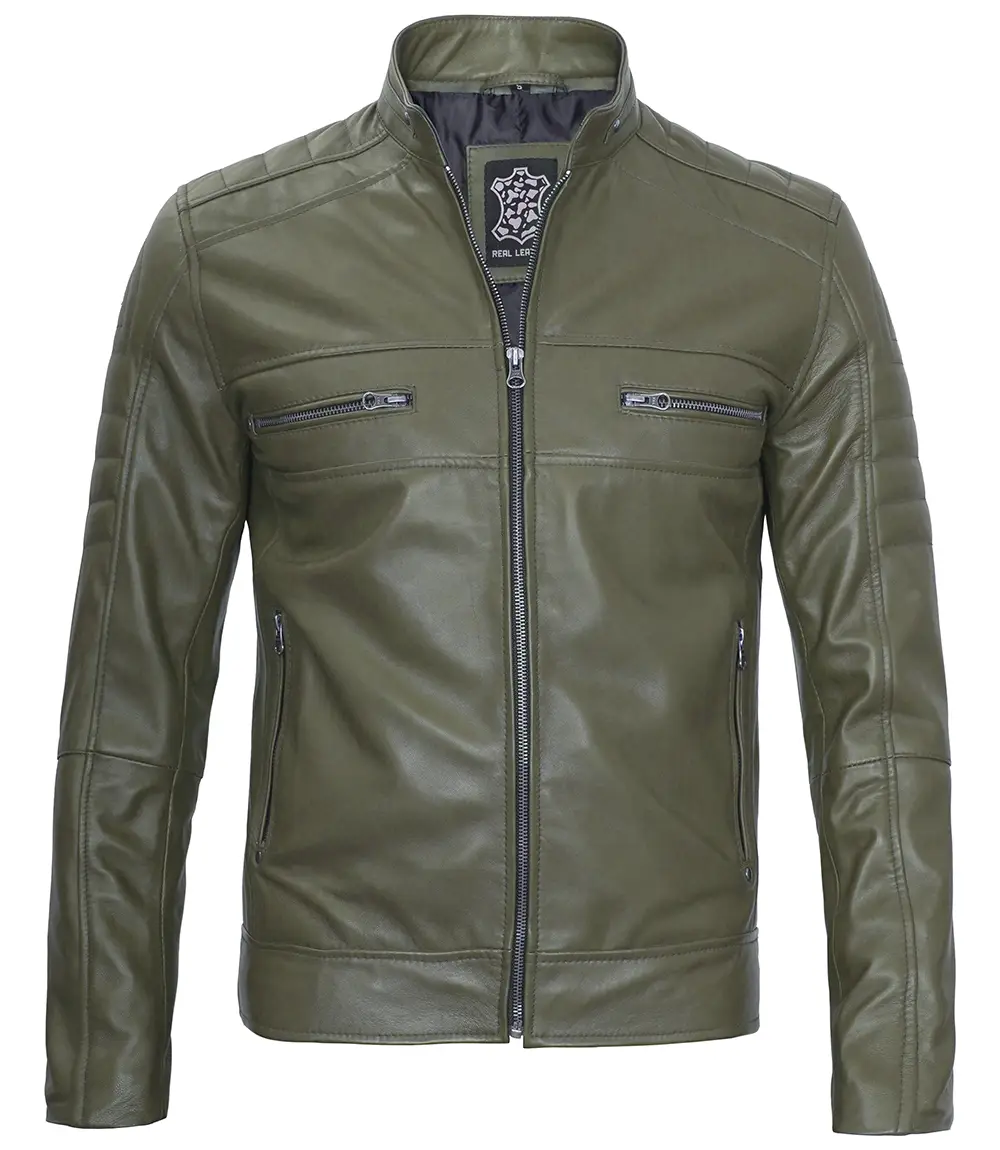 Austin Men Cafe Racer Dark Green Real Leather Jacket