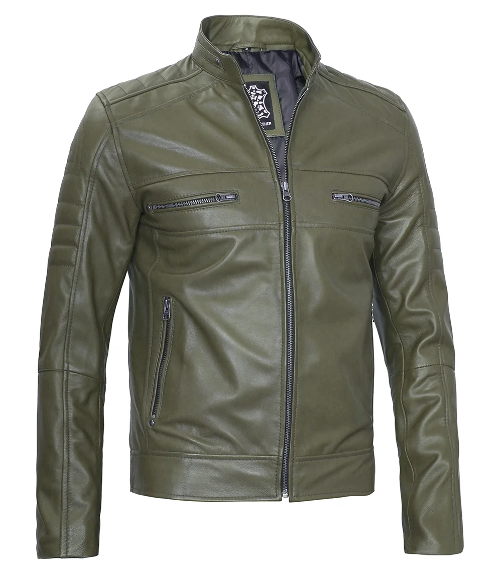 Austin Men Cafe Racer Dark Green Real Leather Jacket