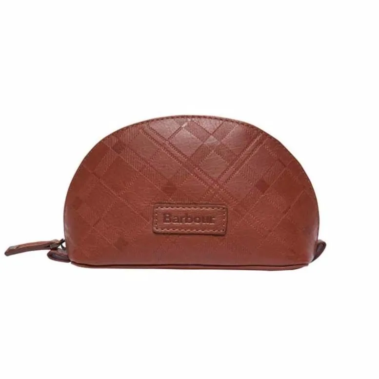 Barbour Embossed Tartan Leather Make Up Bag Dark Tan