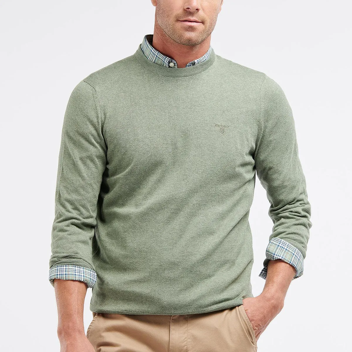 Barbour Light Moss Cotton Crew Neck Jumper.