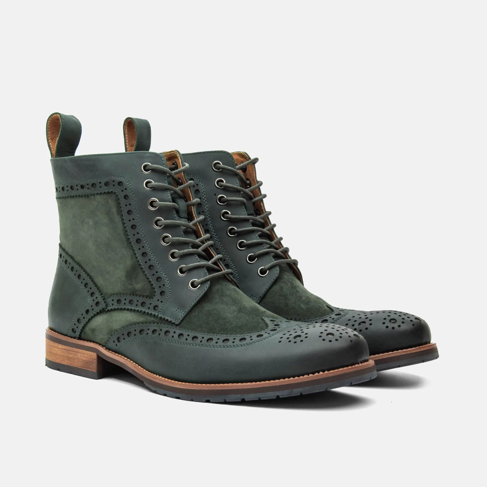 Belmont green leather wingtip combat boots.