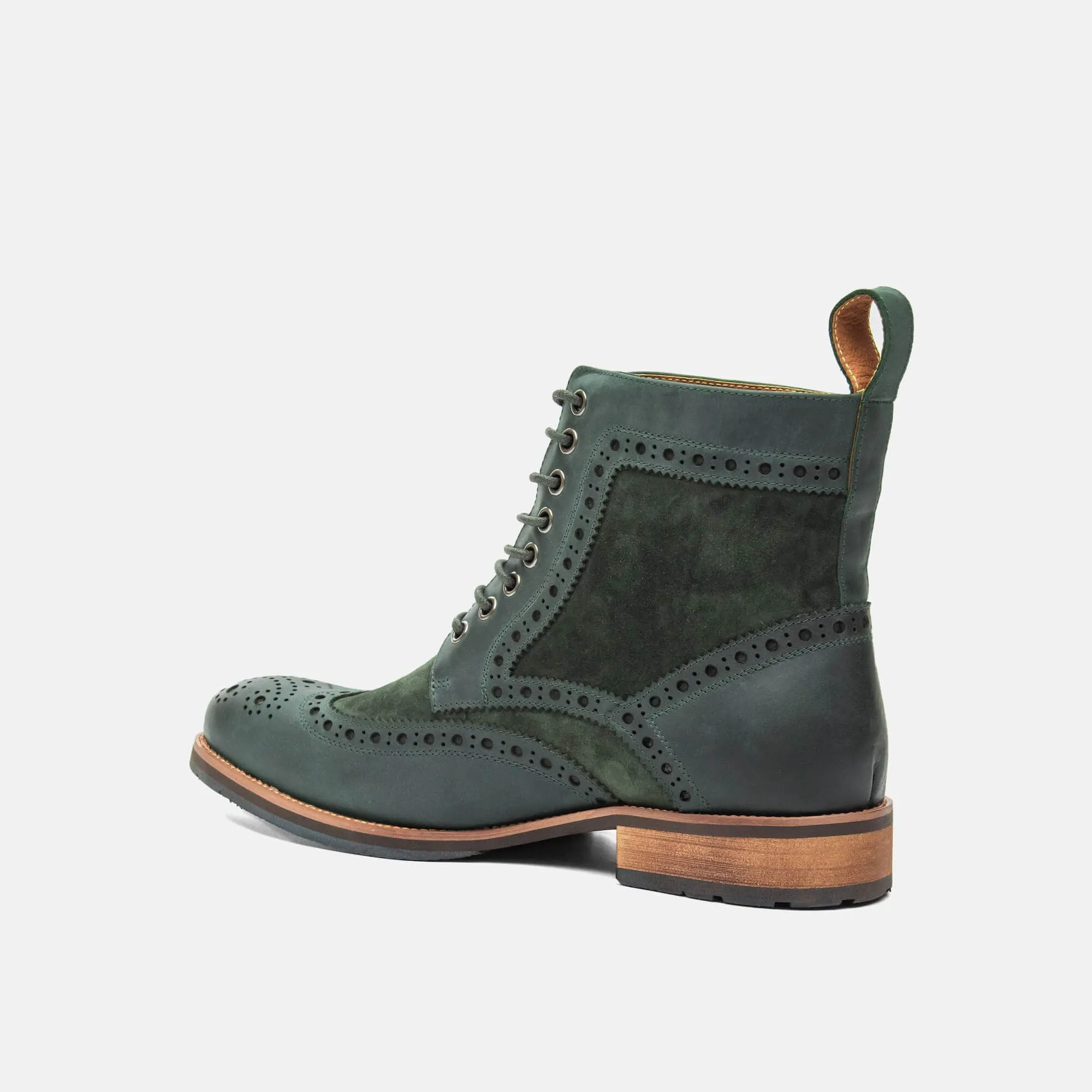 Belmont green leather wingtip combat boots.