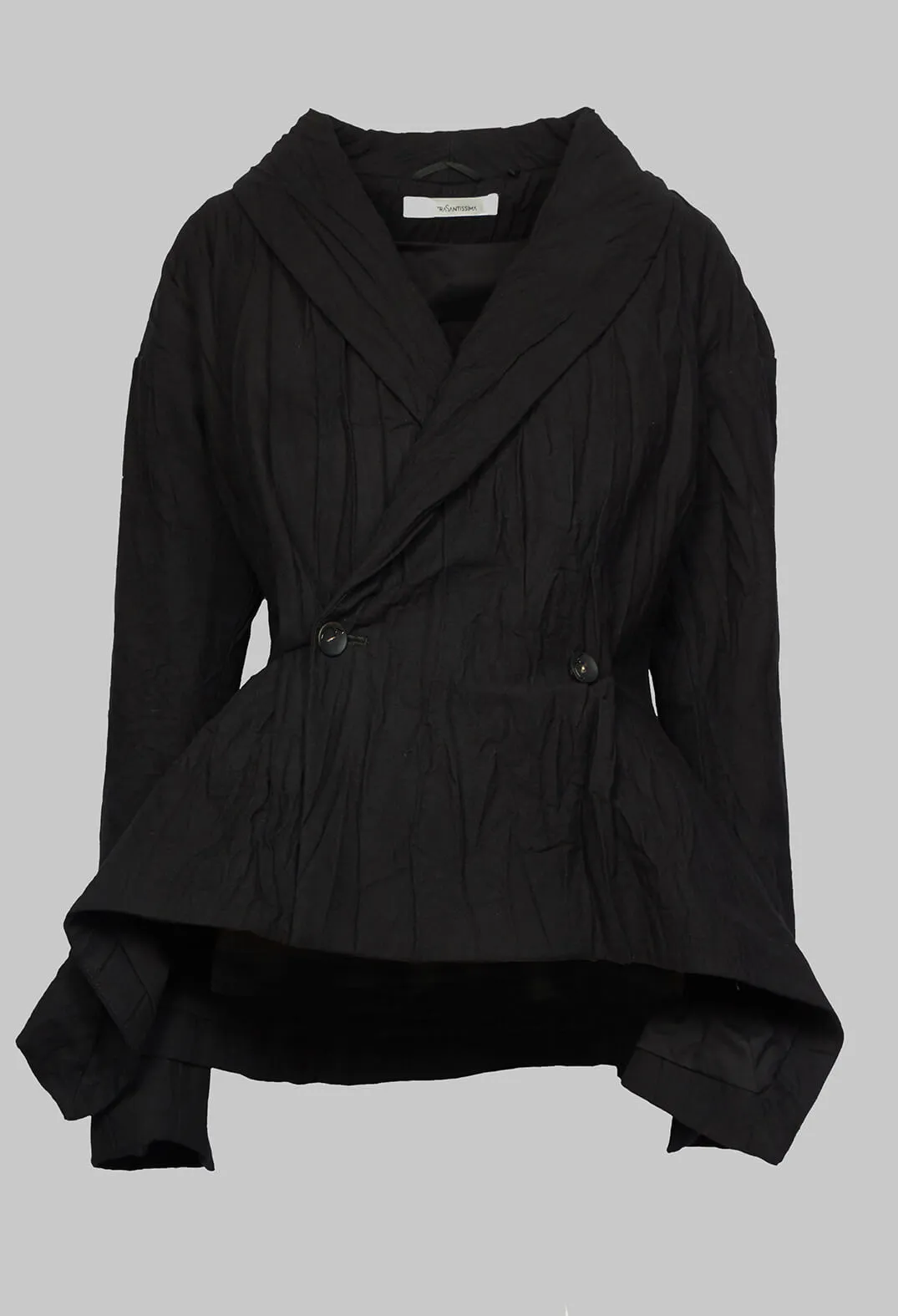 Black Asymmetric Hem Crinkle Jacket with Fastening