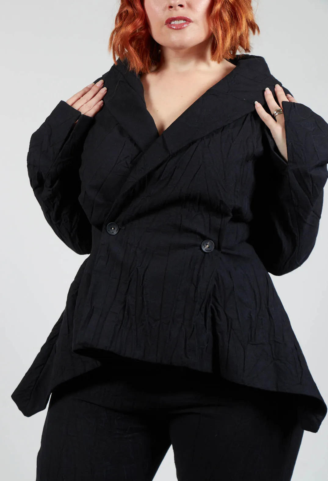 Black Asymmetric Hem Crinkle Jacket with Fastening