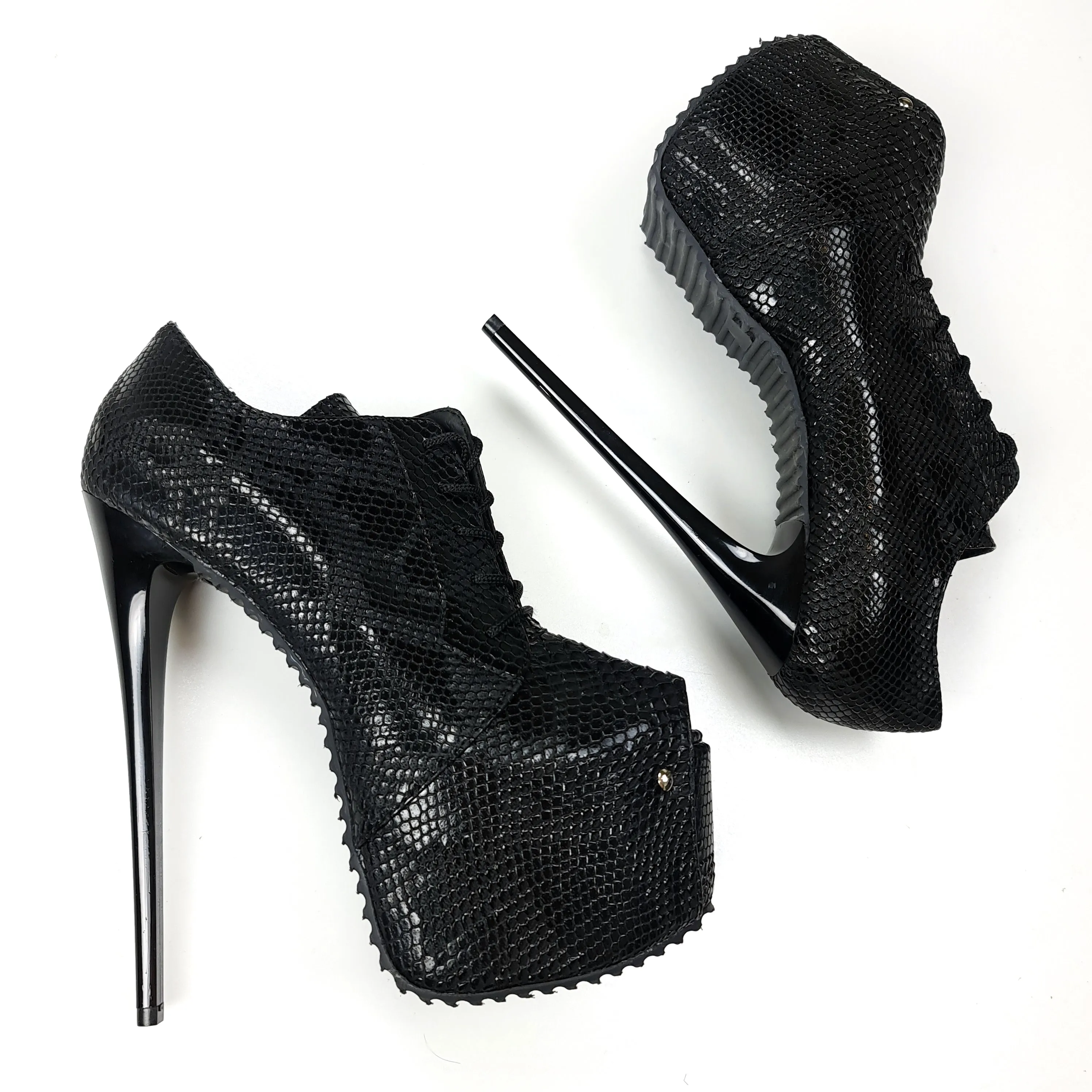 Black Crocodile Ankle Heels with Serrated Sole