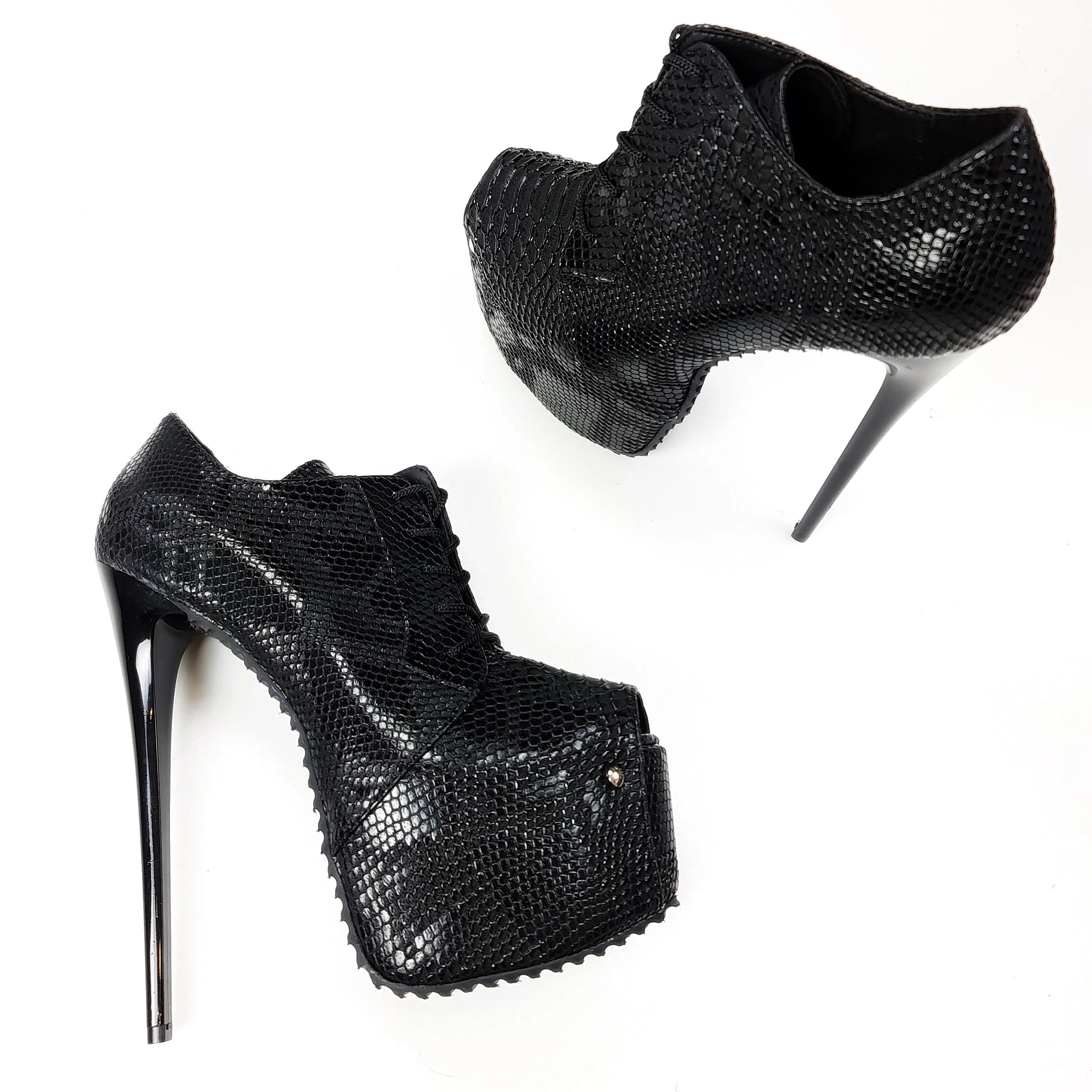 Black Crocodile Ankle Heels with Serrated Sole