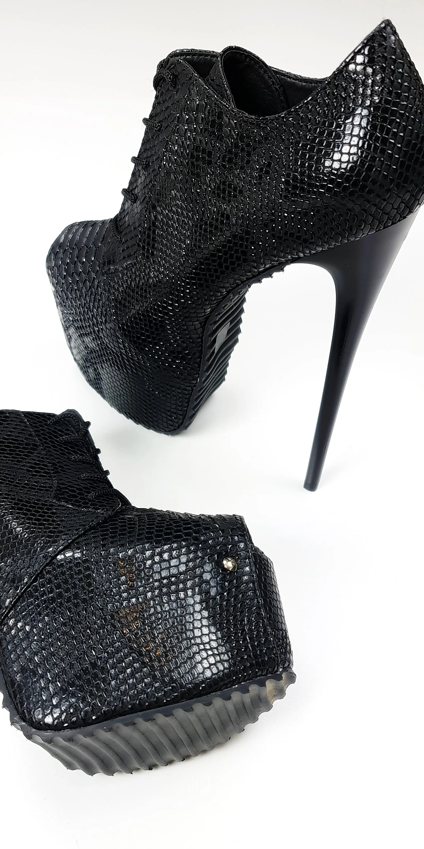 Black Crocodile Ankle Heels with Serrated Sole