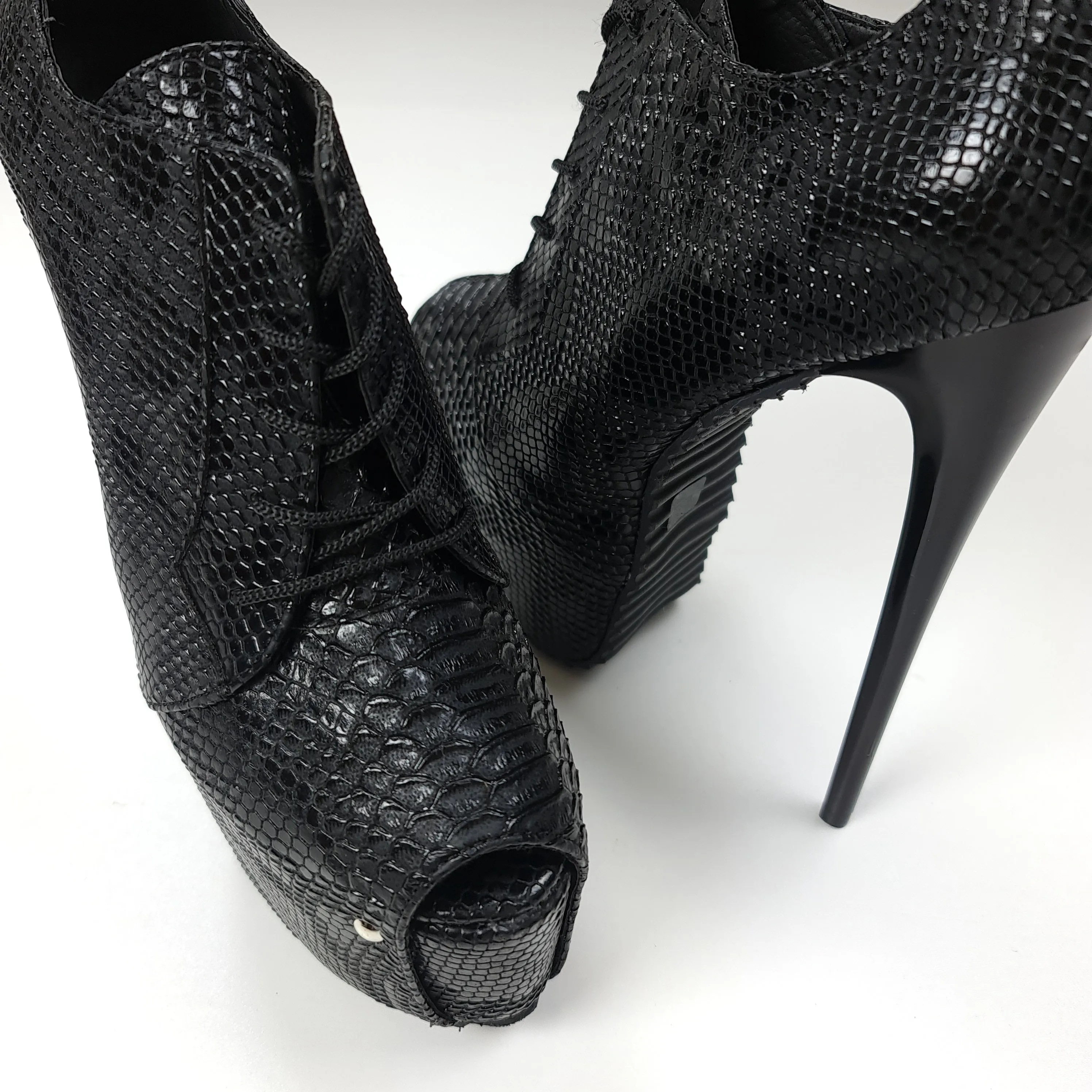 Black Crocodile Ankle Heels with Serrated Sole