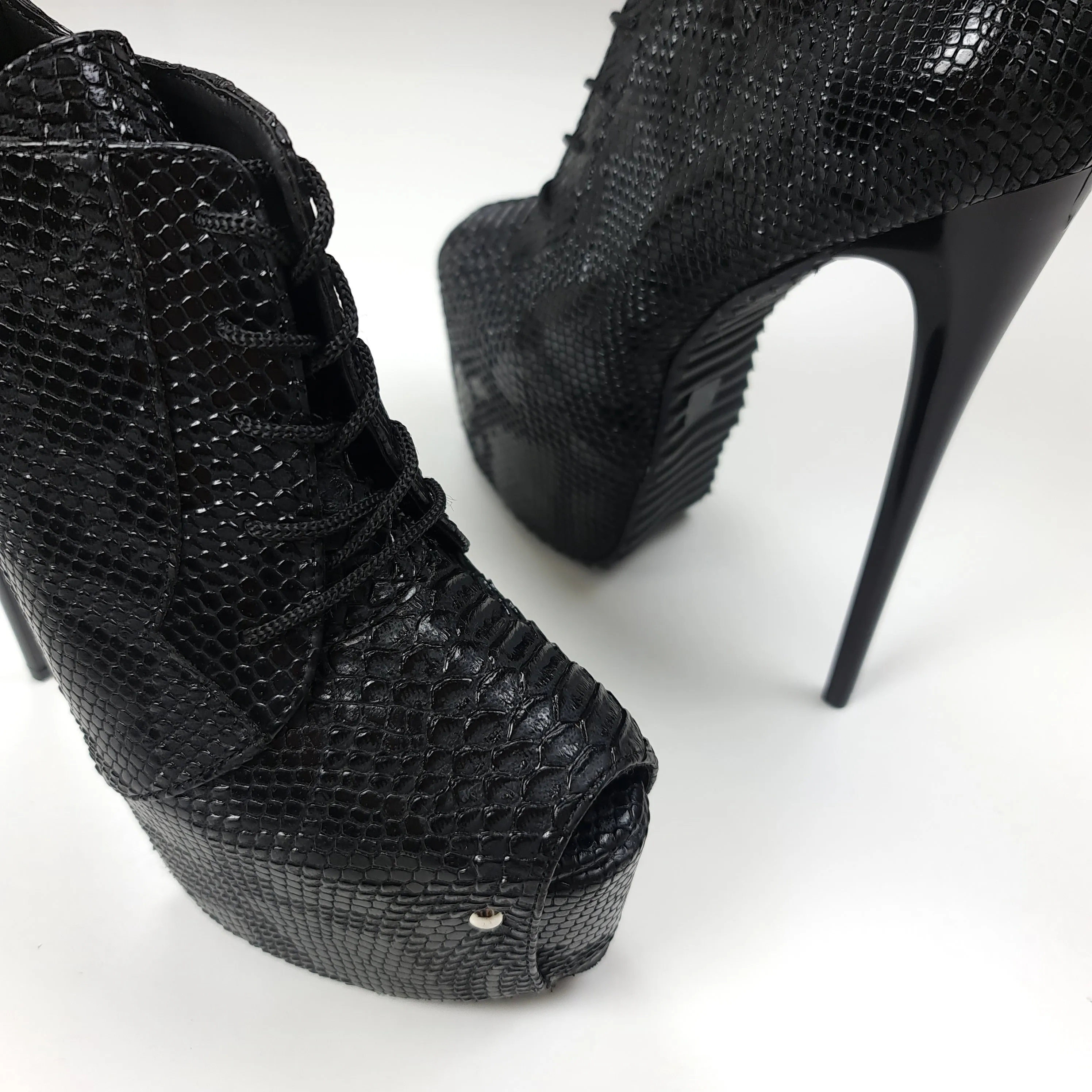 Black Crocodile Ankle Heels with Serrated Sole