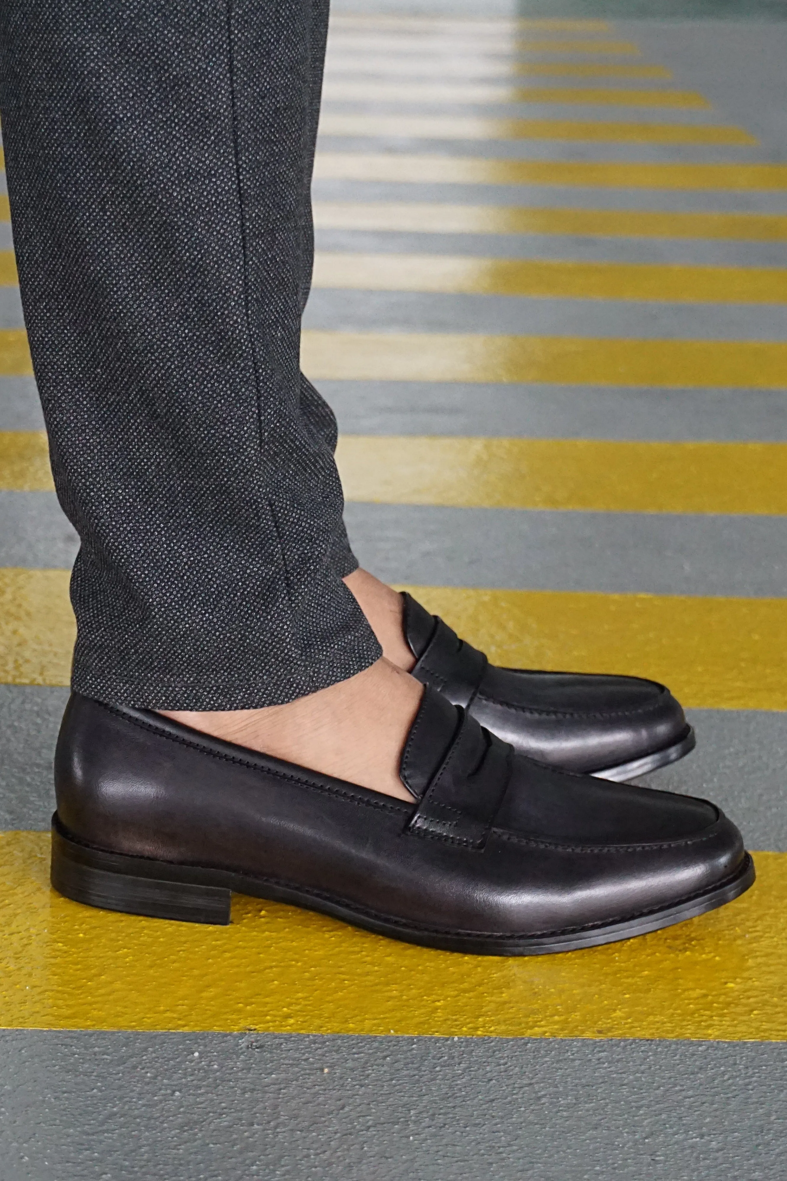 Black Grey Penny Loafer - Hand Painted Leather Patina