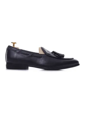 Black leather Belgian loafer with tassel for sale.