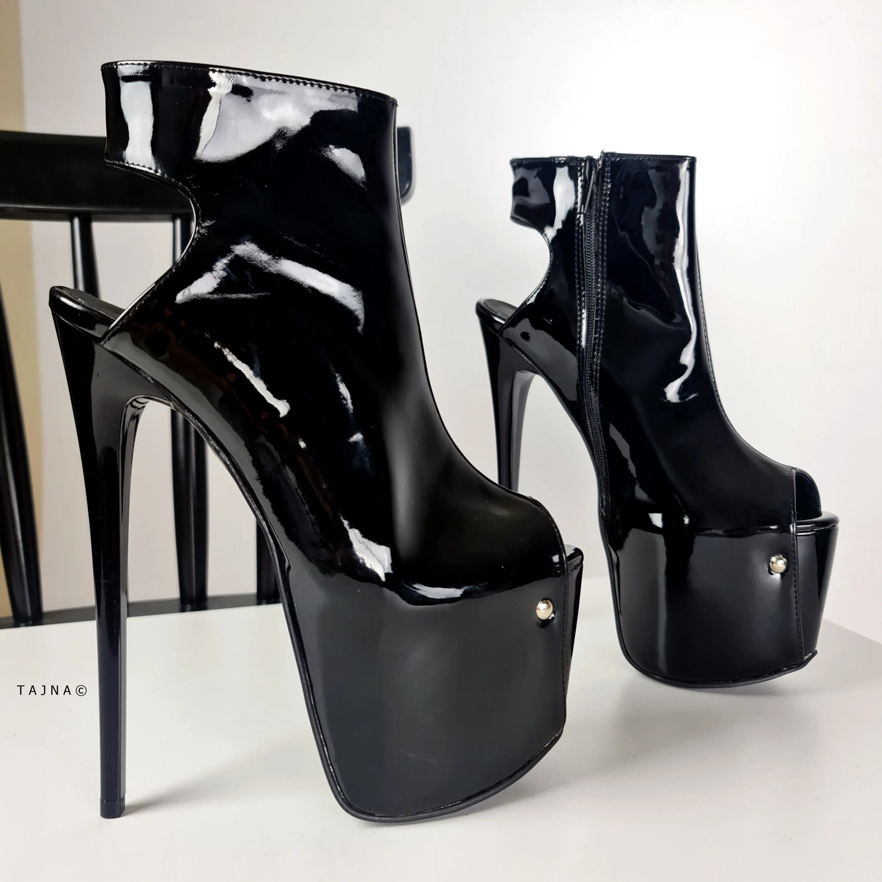 Black Peep Toe High Heels with Glossy Ankle Cut