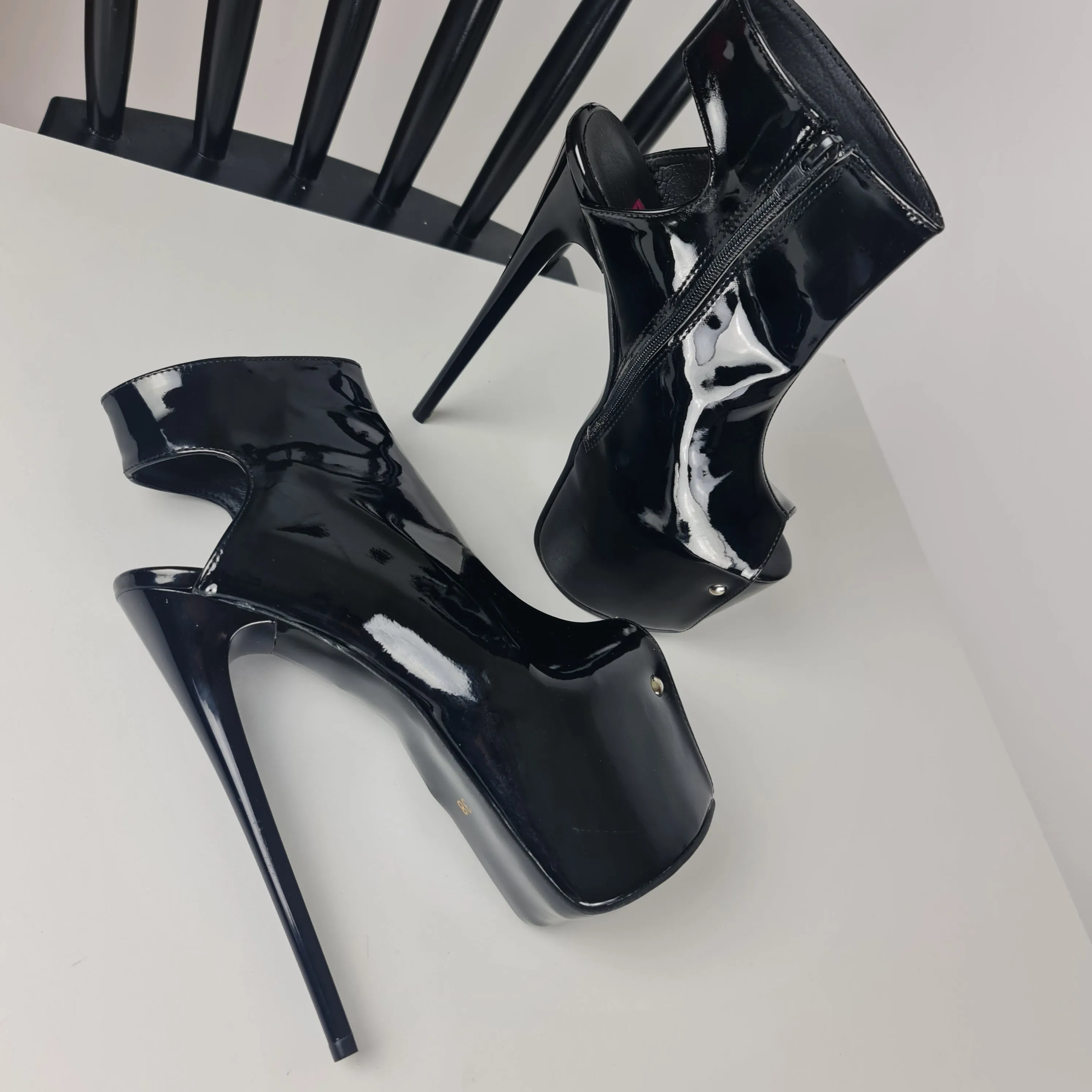 Black Peep Toe High Heels with Glossy Ankle Cut