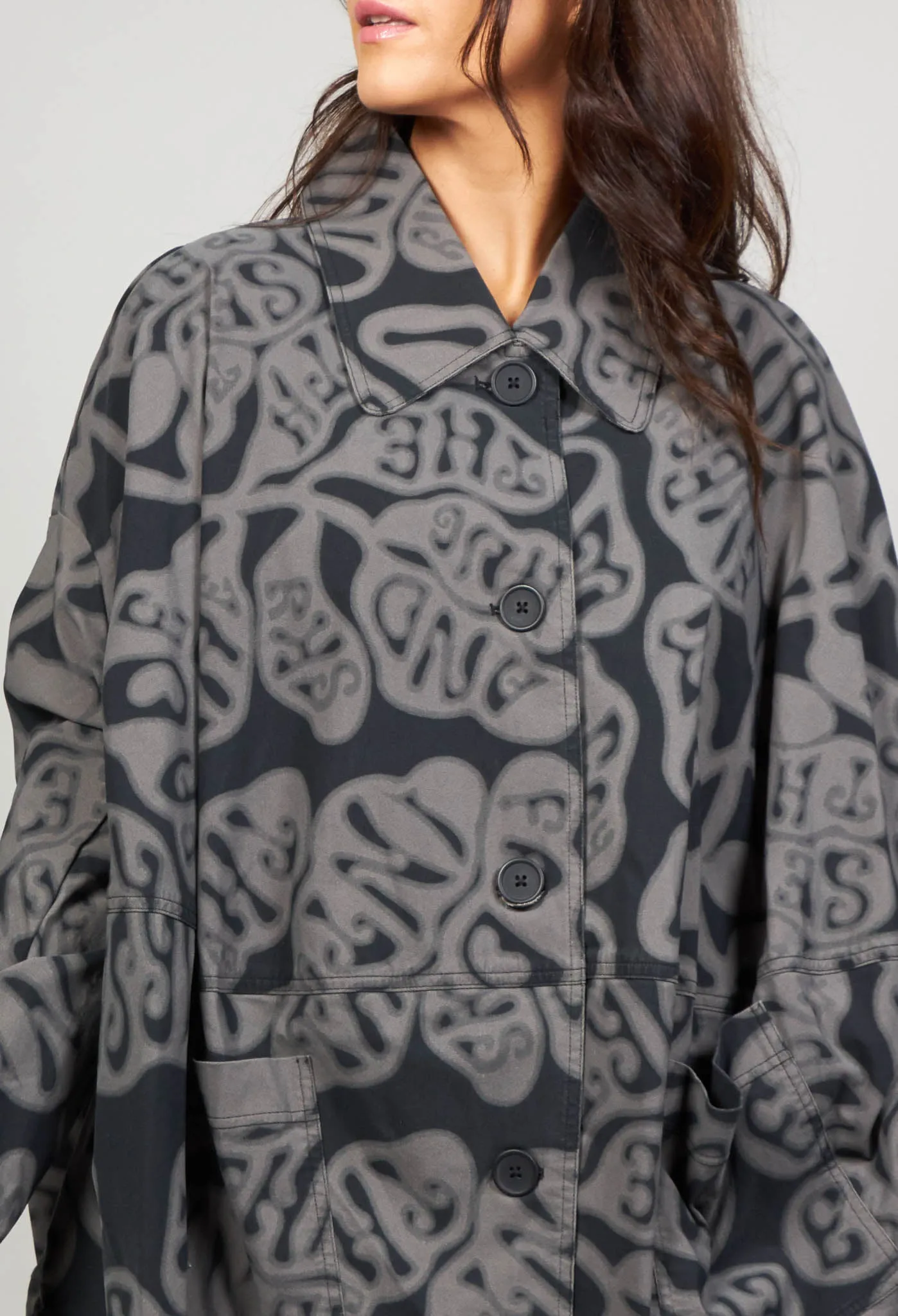 Black Print Button Through Jacket with Patch Pockets