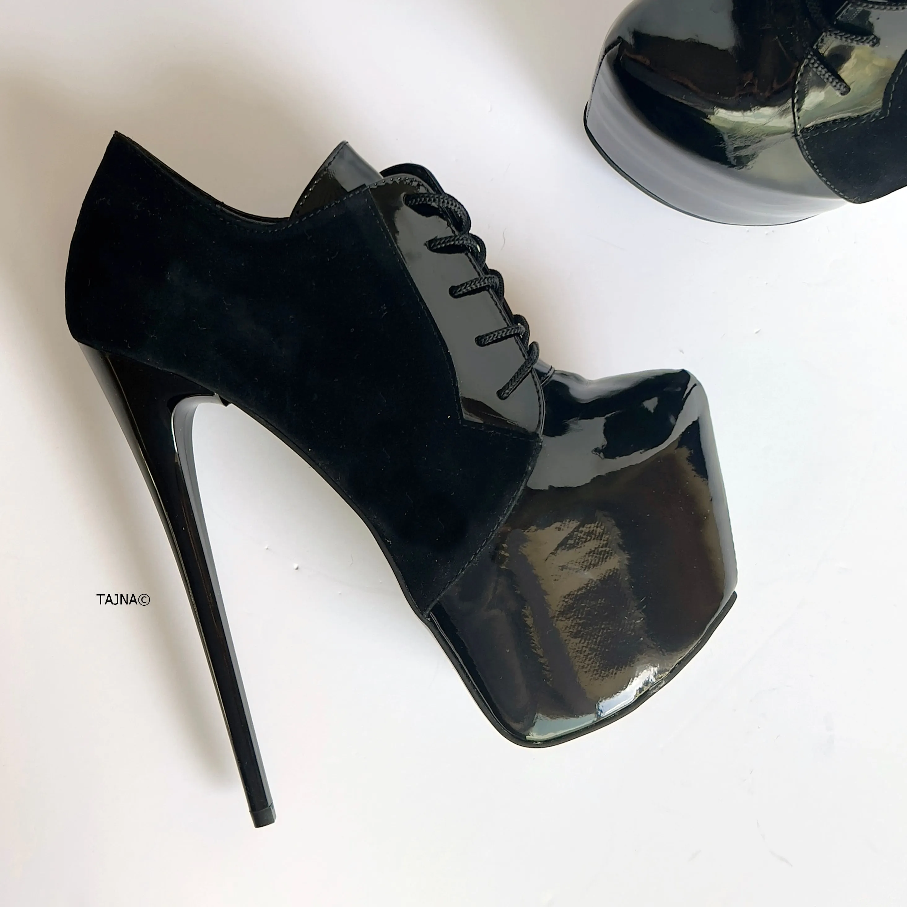 Black Suede Gloss High Heel Oxford Ankle Boots