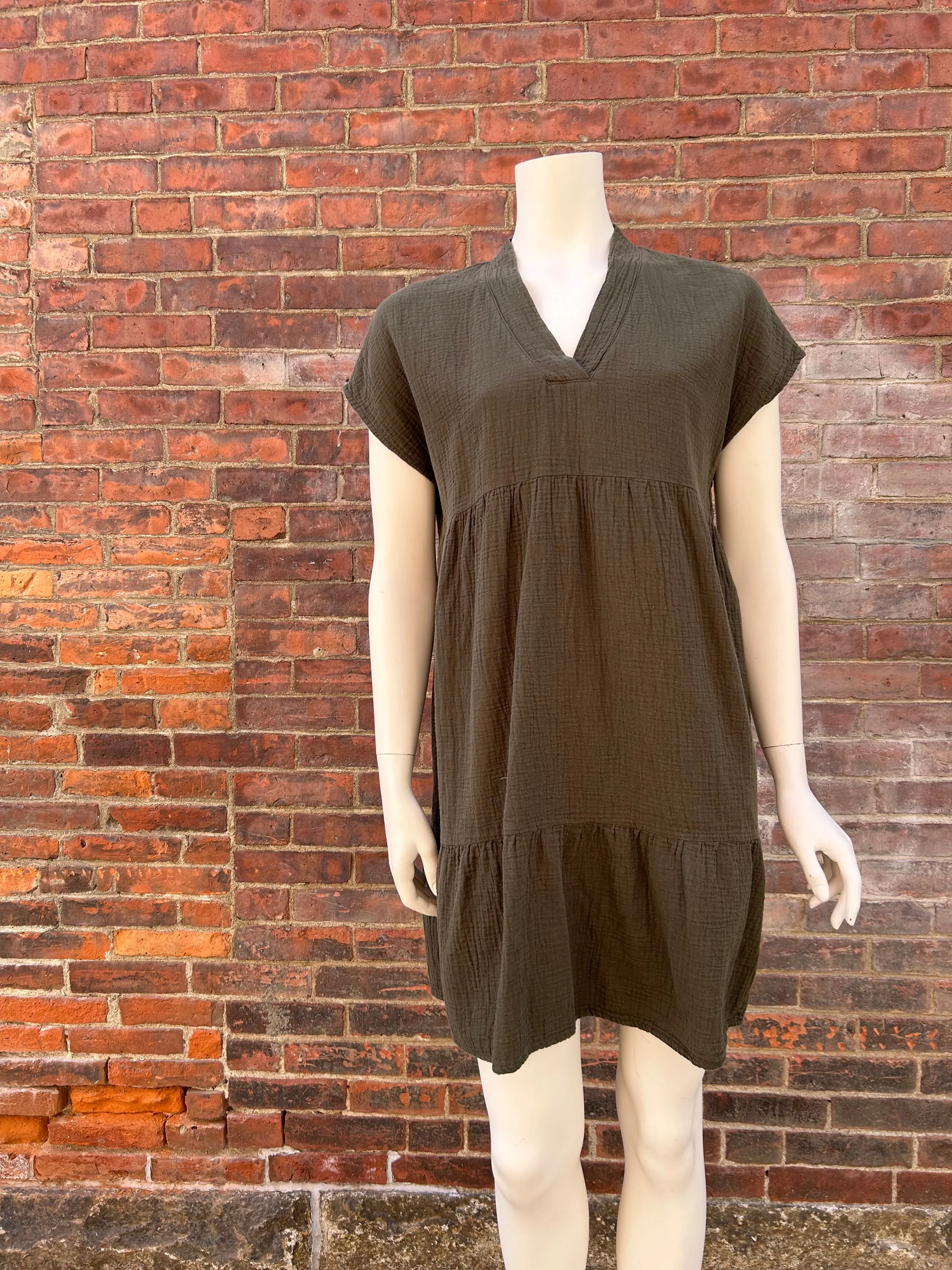 Bobi Tiered Short Sleeve V-Neck Dress