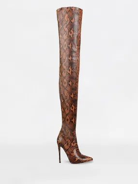 Camel Python Lycra Thigh High Boots.