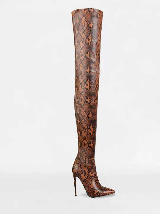 Camel Python Lycra Thigh High Boots.