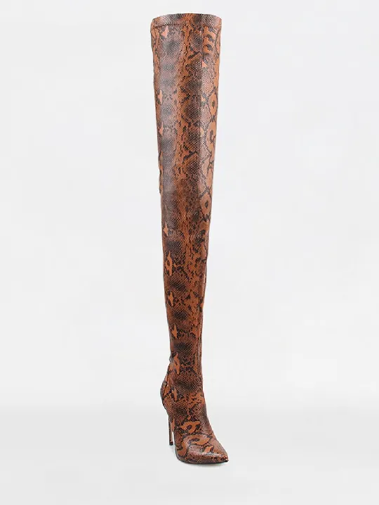 Camel Python Lycra Thigh High Boots.