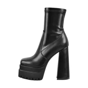 Chunky Heel Ankle Boots with Double Platform Zipper