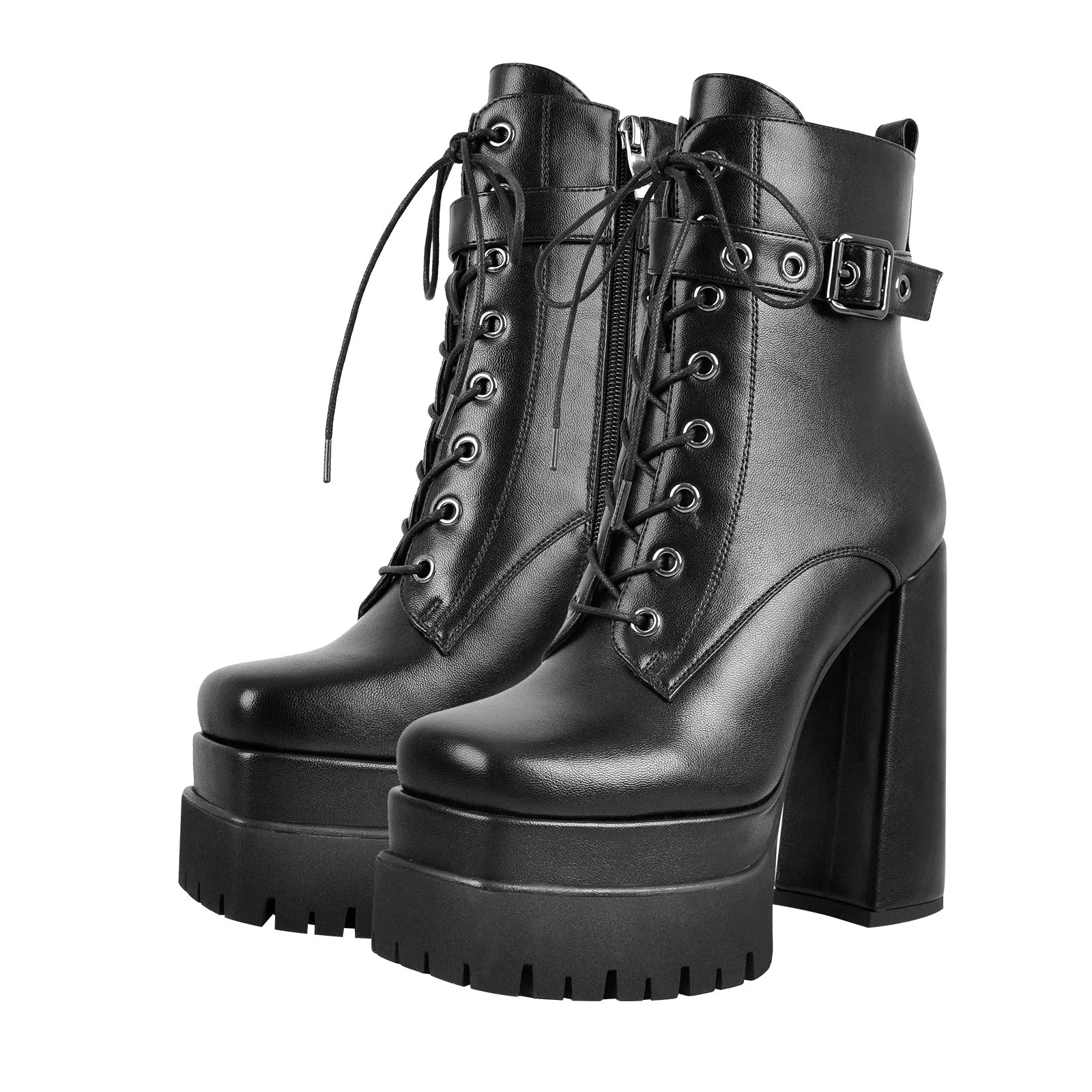 Chunky lace-up ankle boots with zipper in black.