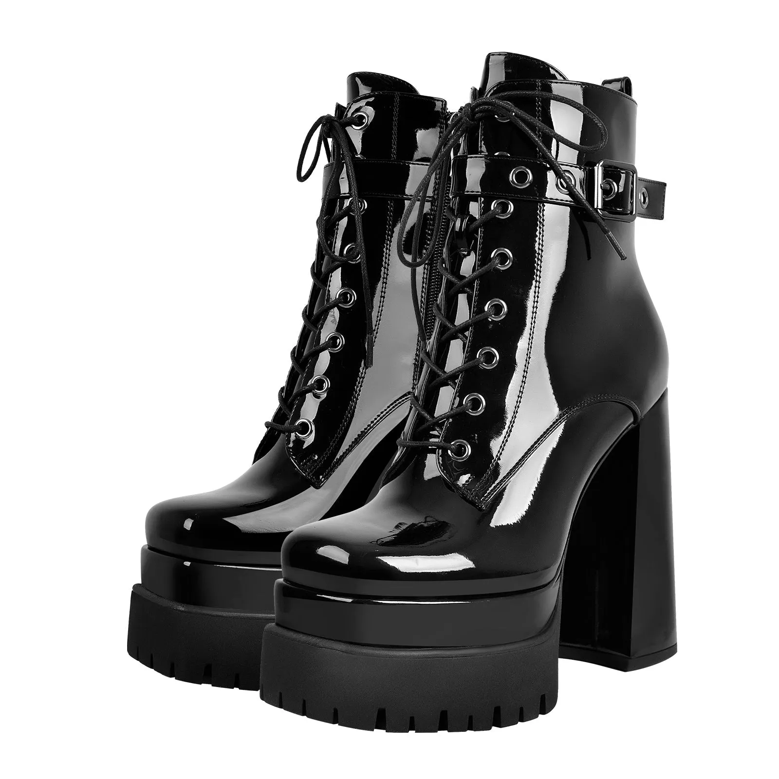 Chunky lace-up ankle boots with zipper in black.