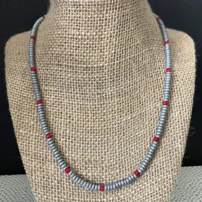 Concrete Hematite Necklace - Gray and Red Beaded Mens Jewelry