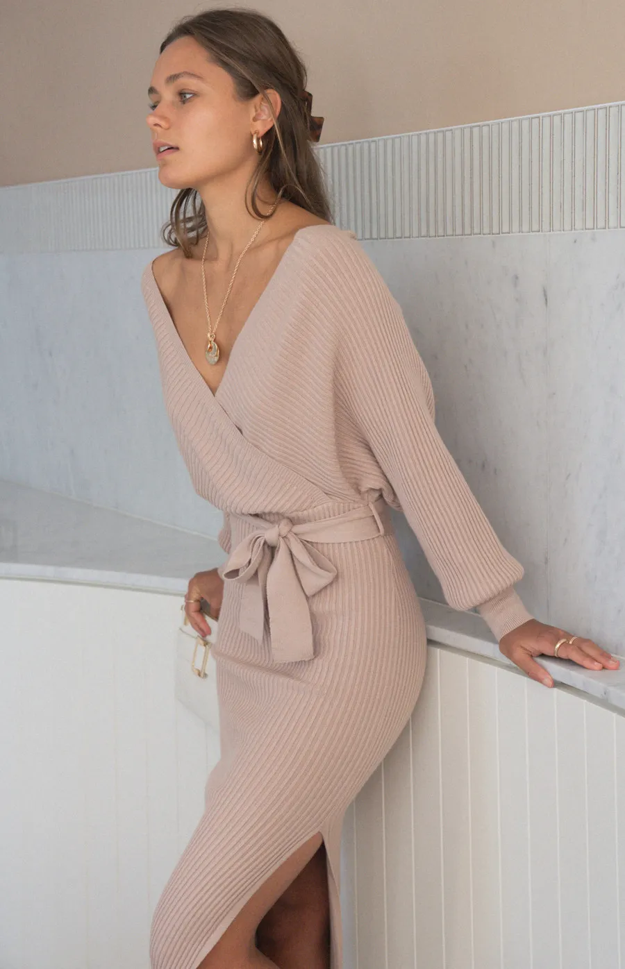 Cross Front Rib Knit Midi Dress with Side Split (SKN476)