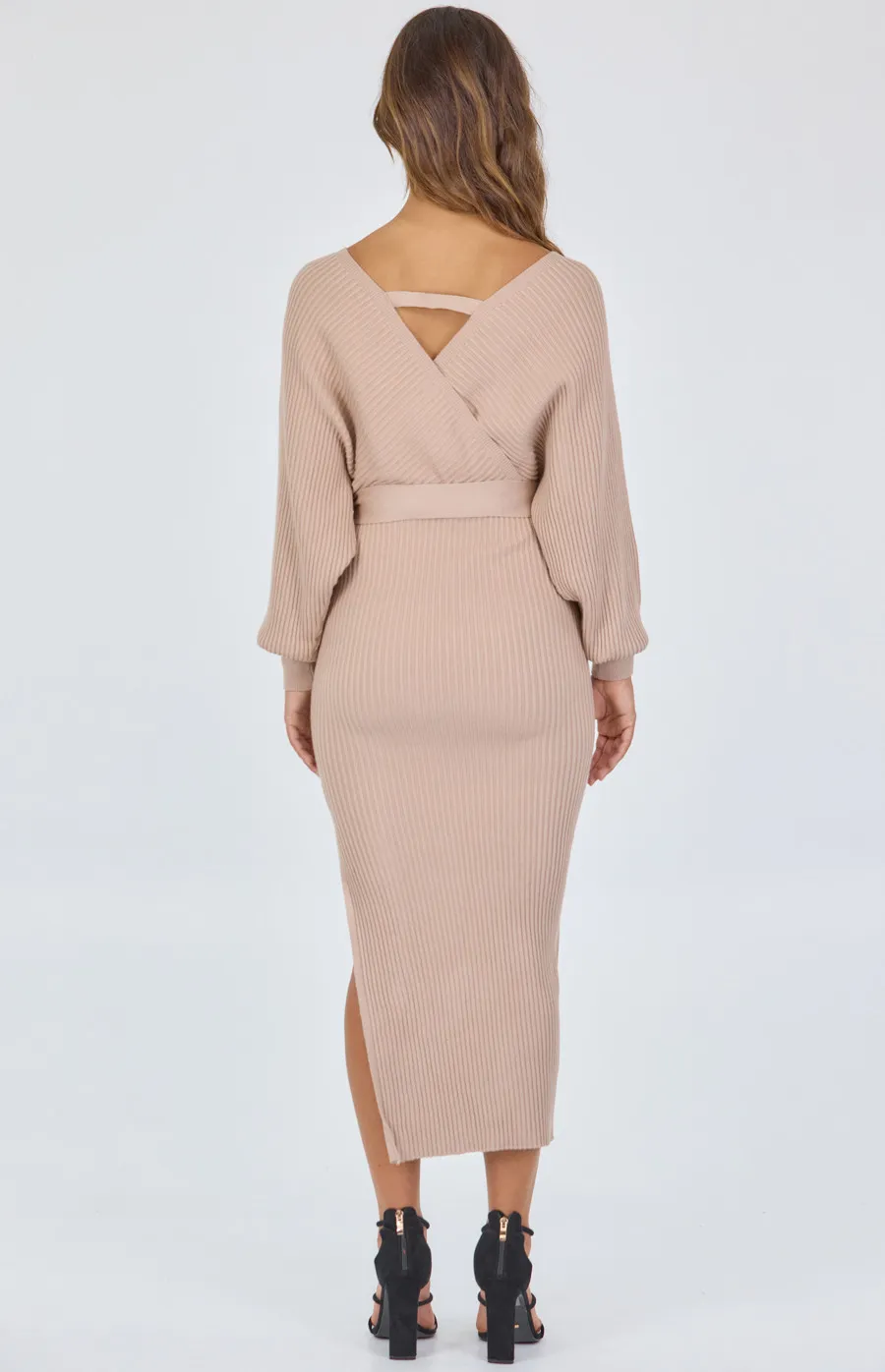 Cross Front Rib Knit Midi Dress with Side Split (SKN476)