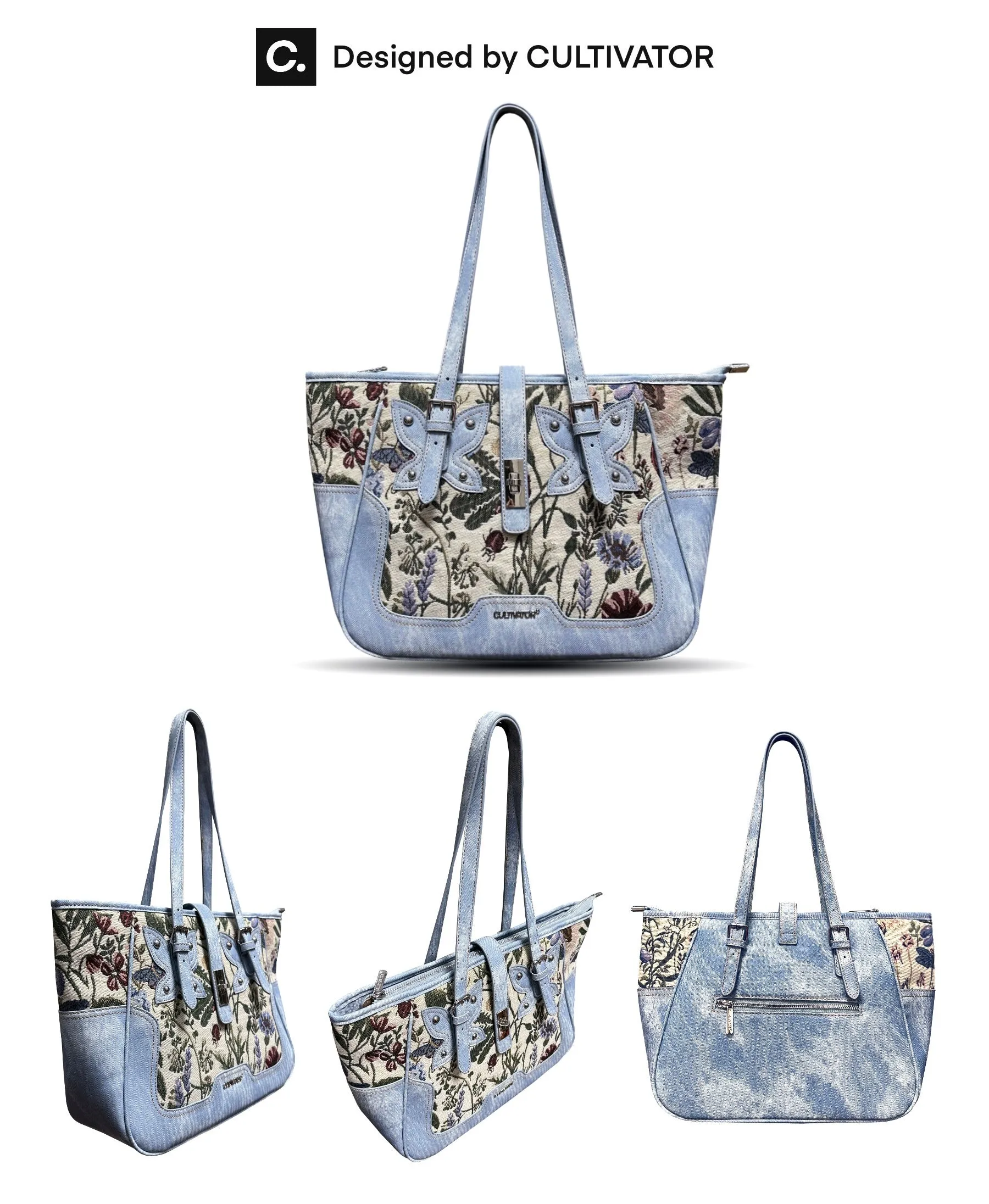 Cultivator Vintage Denim Butterfly Floral Panels Tote Shoulder Bag Handbag