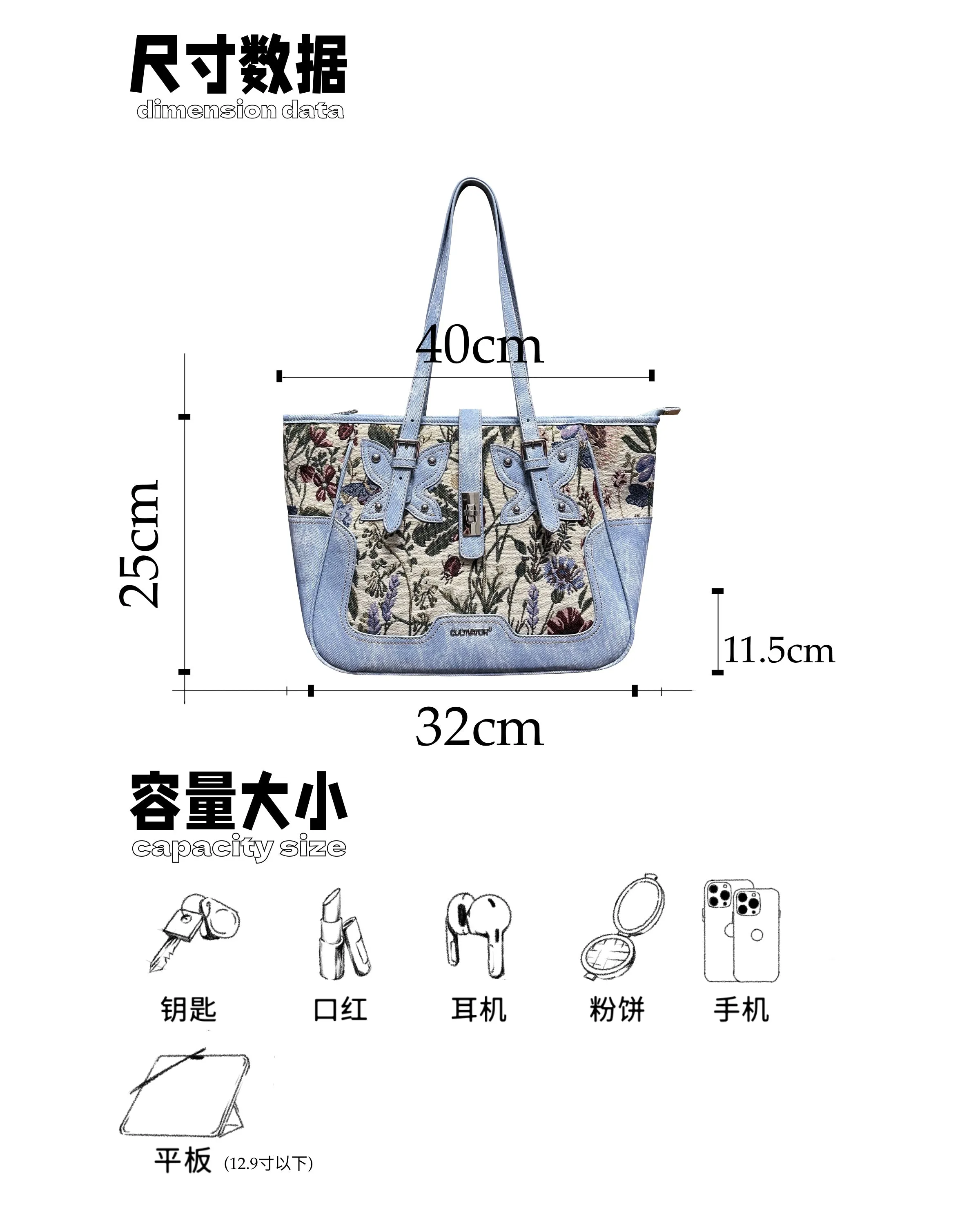 Cultivator Vintage Denim Butterfly Floral Panels Tote Shoulder Bag Handbag