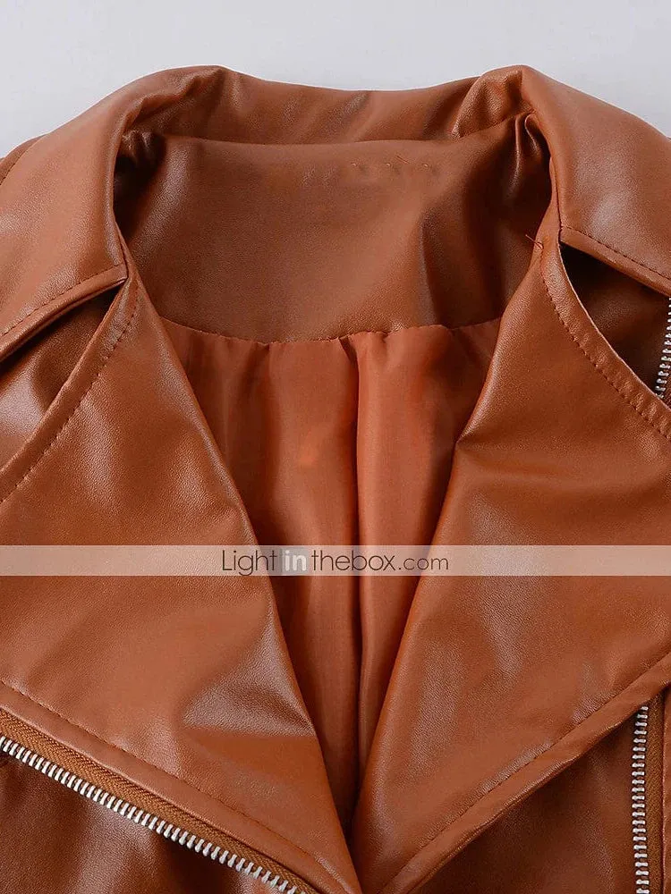 Elegant Women's Faux Leather Jacket Notch Lapel Collar Faux Fleece Material