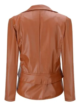 Elegant Women's Faux Leather Jacket Notch Lapel Collar Faux Fleece Material