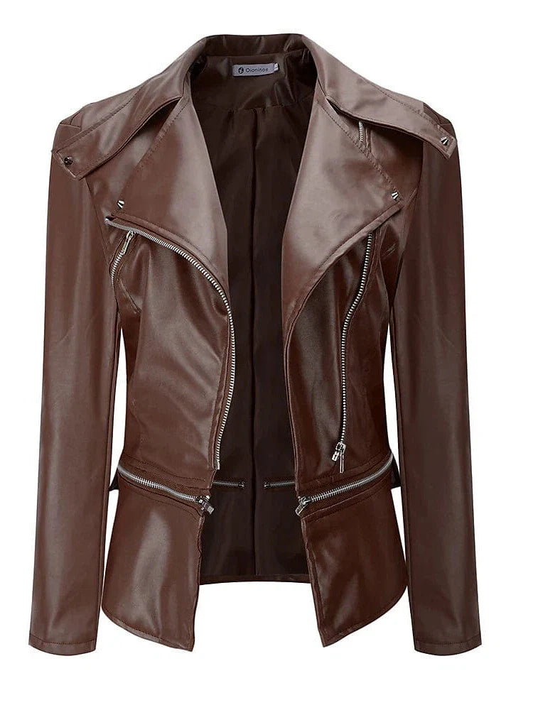 Elegant Women's Faux Leather Jacket Notch Lapel Collar Faux Fleece Material