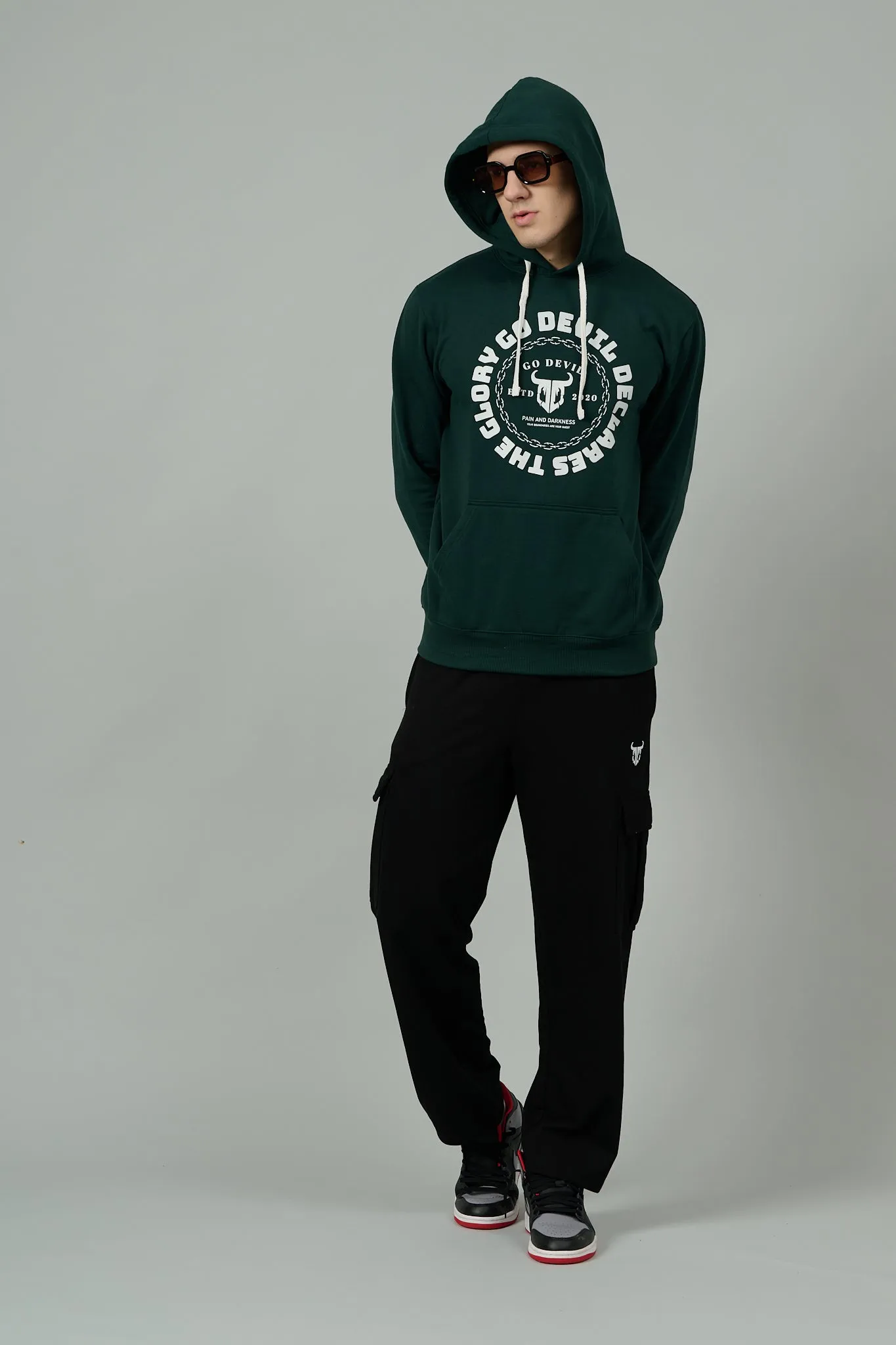 Go Devil Logo Printed Dark Green Hoodie for Men