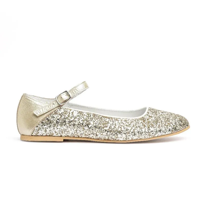 Gold Glitter Ankle Strap Mary Jane Shoes.