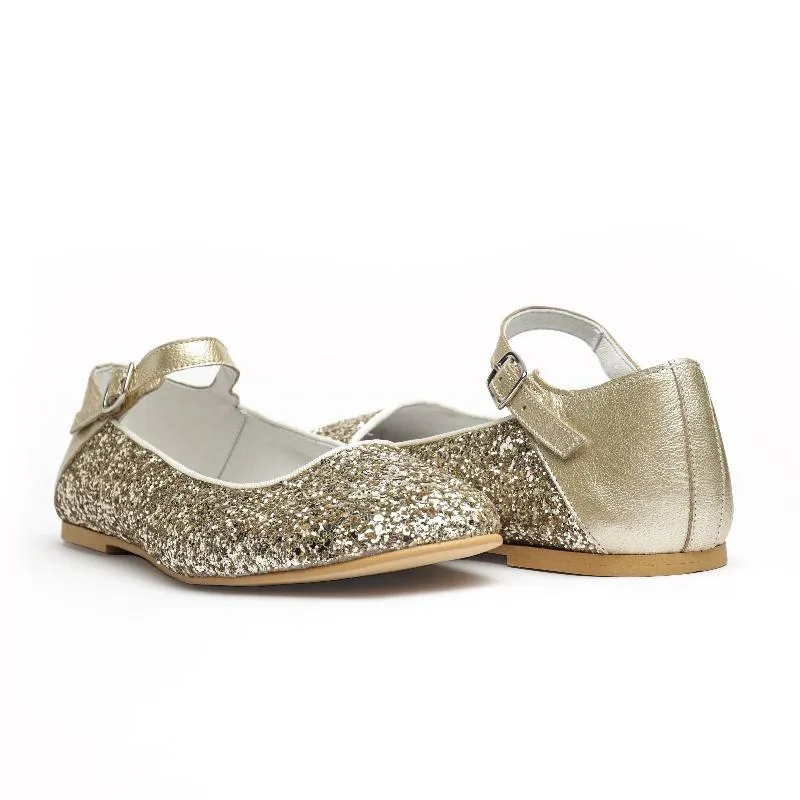 Gold Glitter Ankle Strap Mary Jane Shoes.