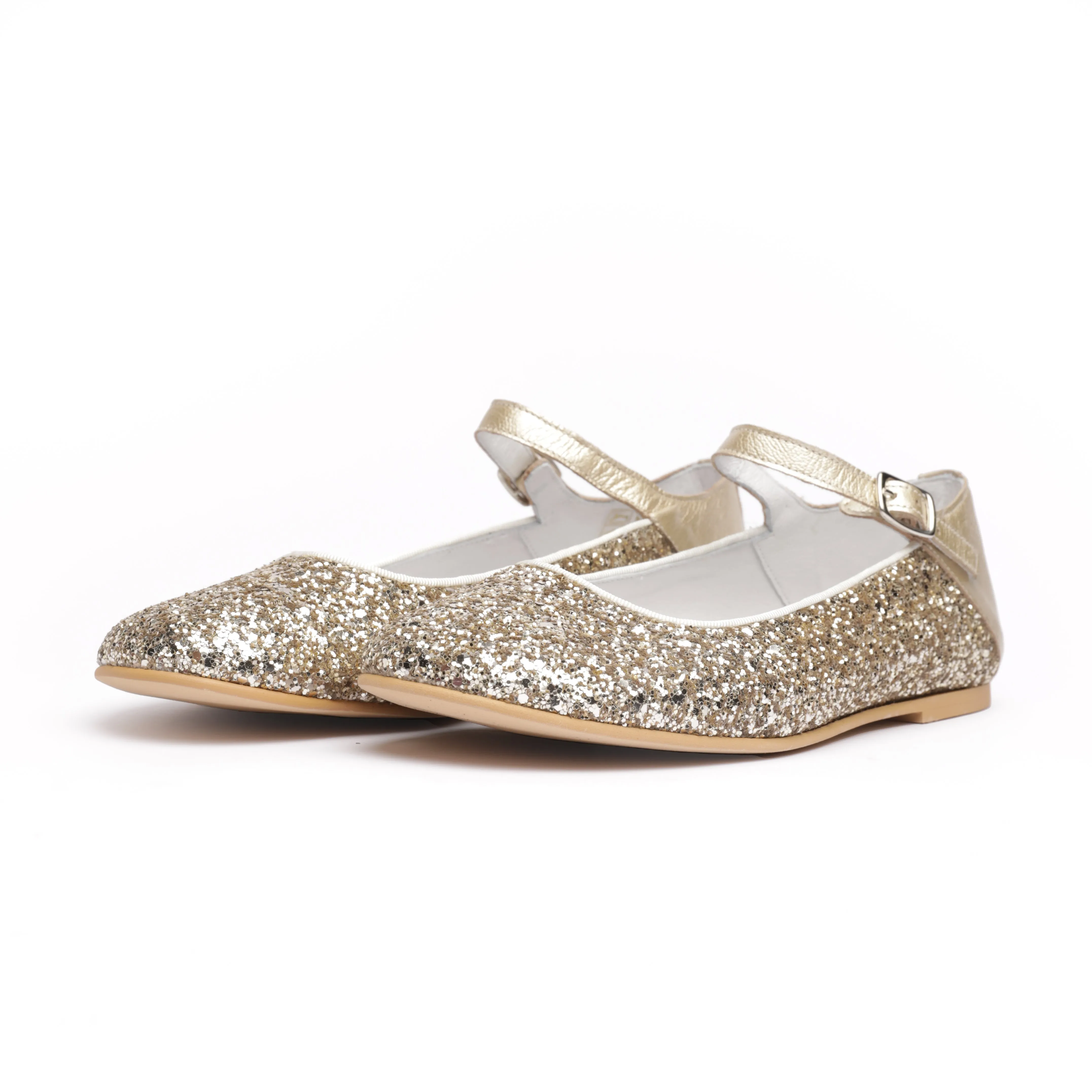 Gold Glitter Ankle Strap Mary Jane Shoes.