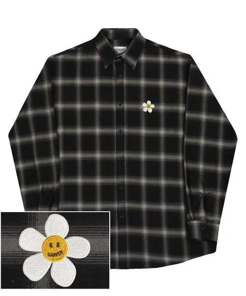 [GRAVER] Checkered Overfit Shirt with Flower Dot Embroidery