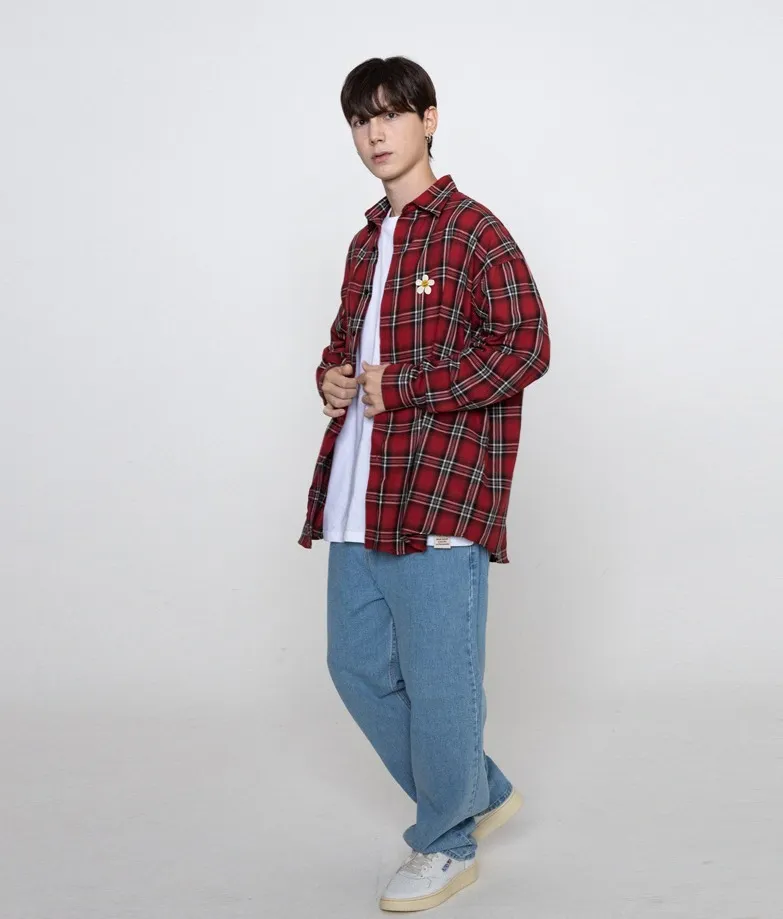 [GRAVER] Checkered Overfit Shirt with Flower Dot Embroidery