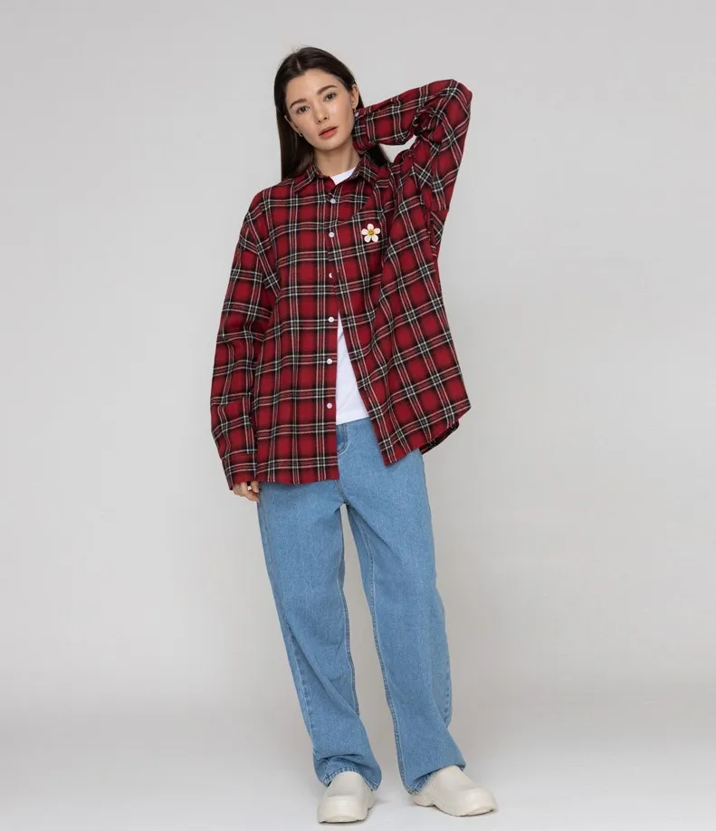 [GRAVER] Checkered Overfit Shirt with Flower Dot Embroidery