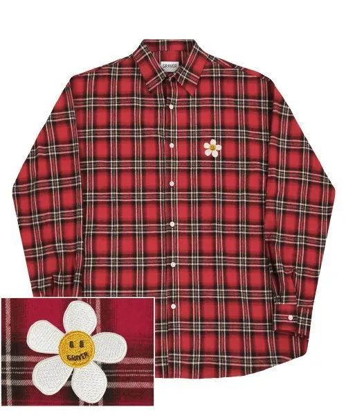 [GRAVER] Checkered Overfit Shirt with Flower Dot Embroidery