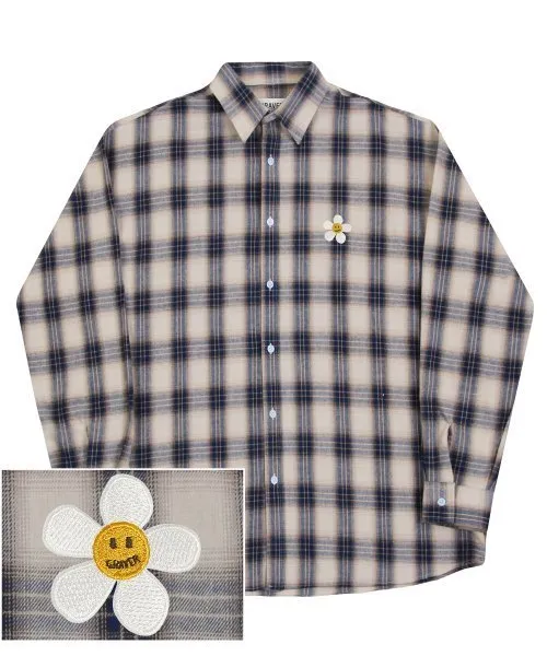 [GRAVER] Checkered Overfit Shirt with Flower Dot Embroidery