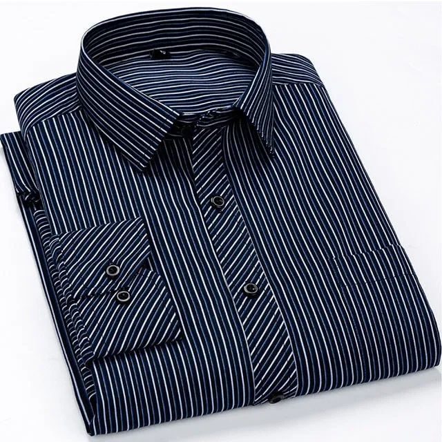 Men's Plaid Striped Long Sleeve Shirt with Patch Pocket for Office