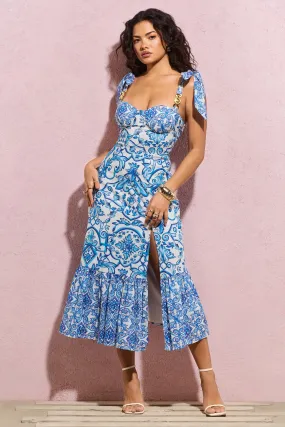 Meredith Blue Porcelain Print Strappy Midi Dress