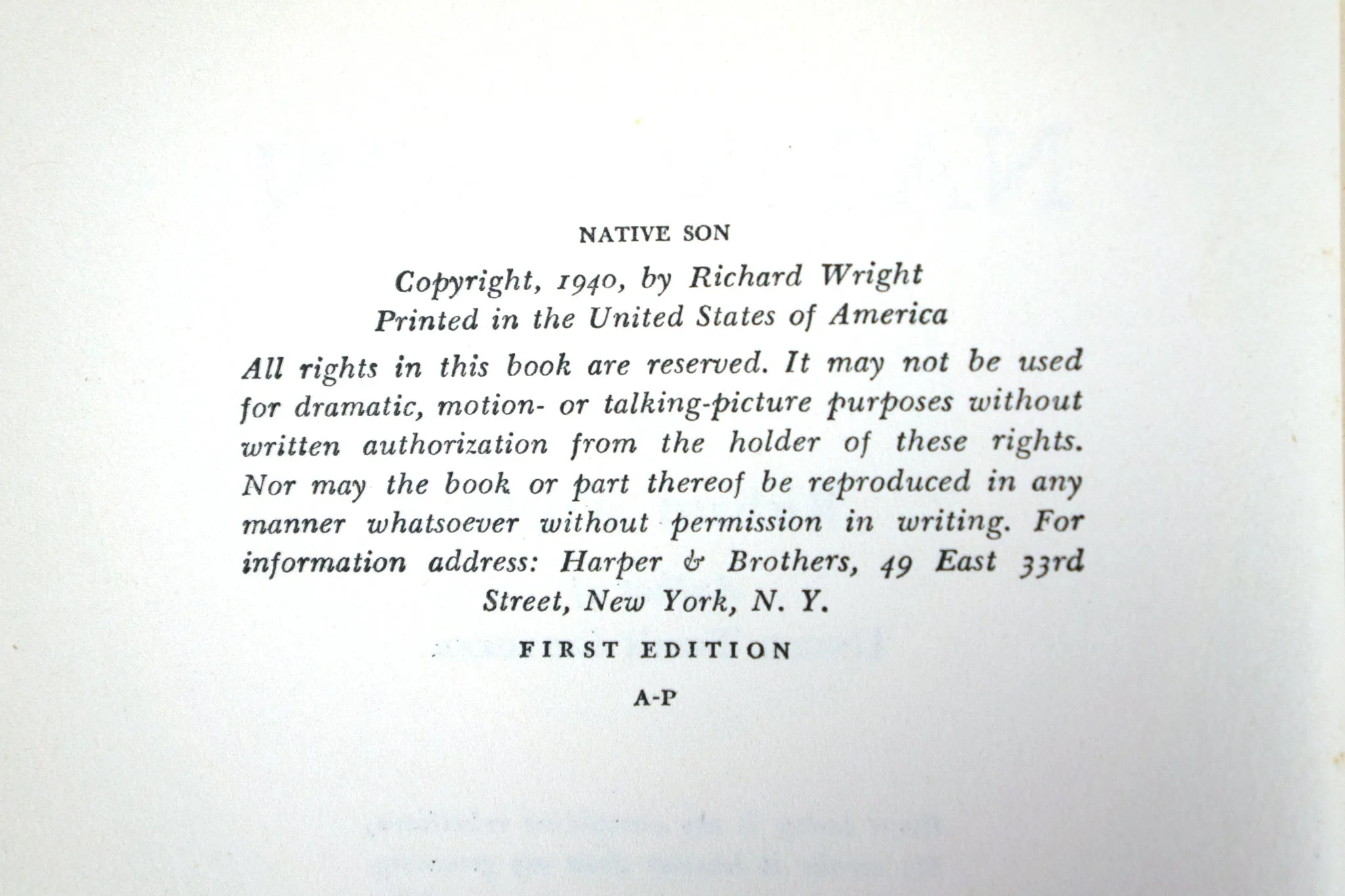 Native Son by Richard Wright, published in 1940 by Harper and Brothers. First Edition.