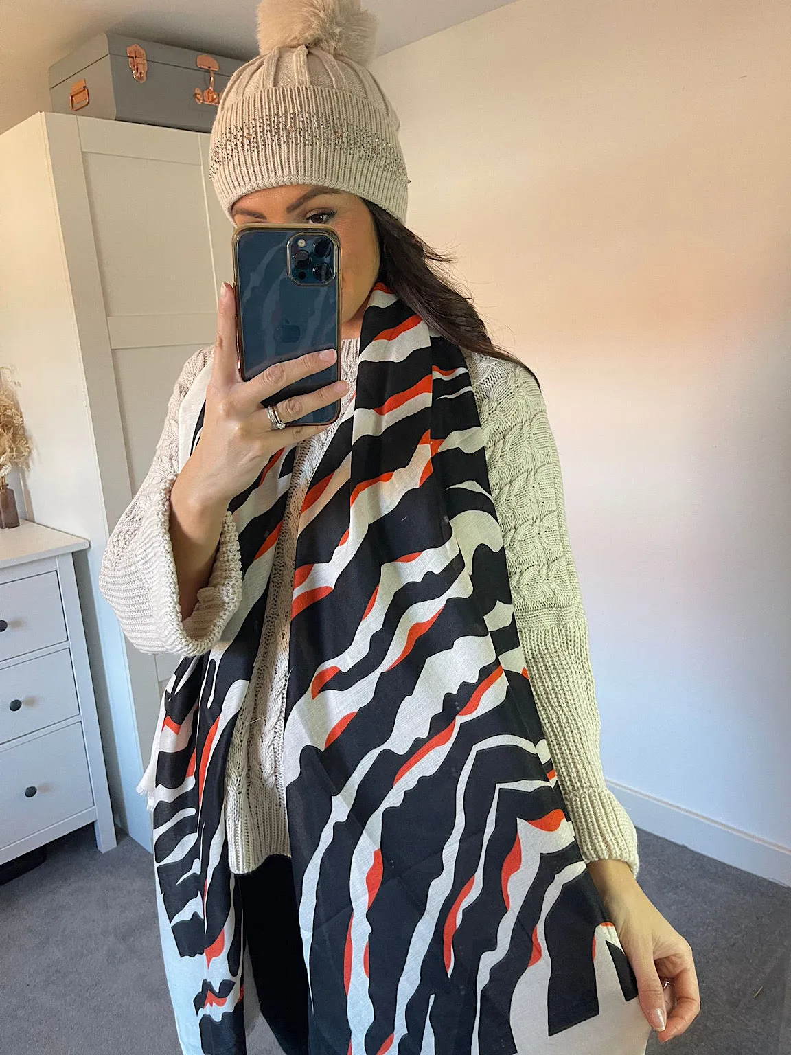 Orange and White Striped Zebra Pattern Scarf.