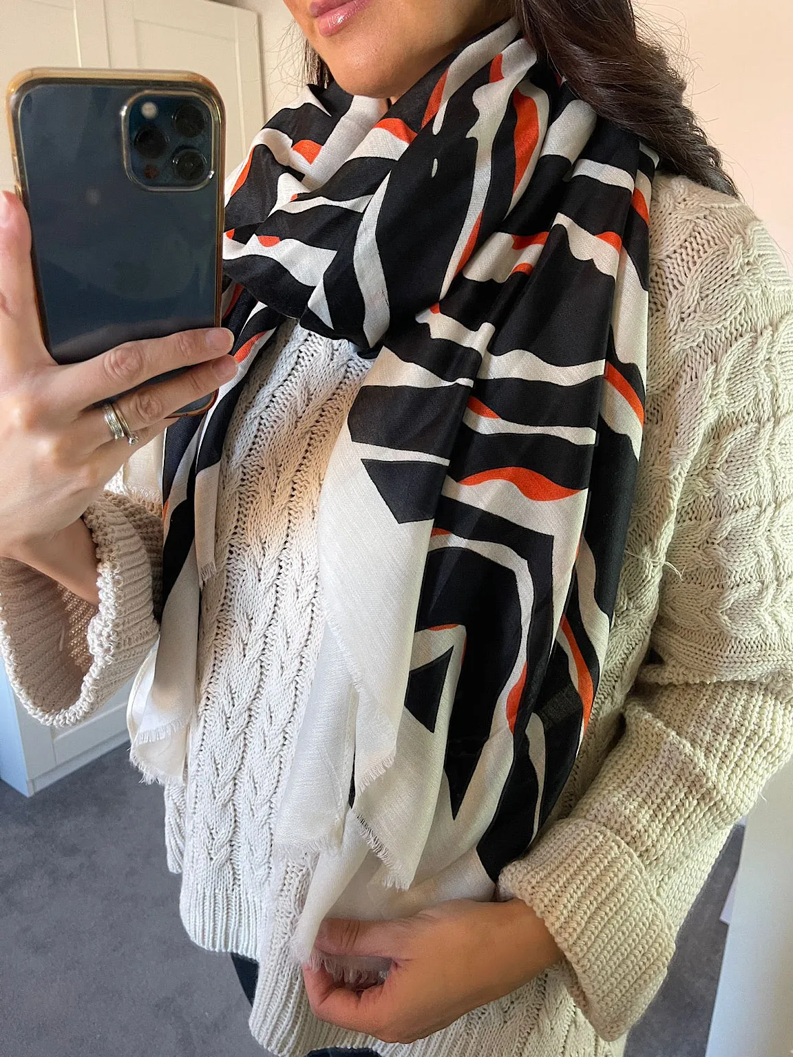 Orange and White Striped Zebra Pattern Scarf.