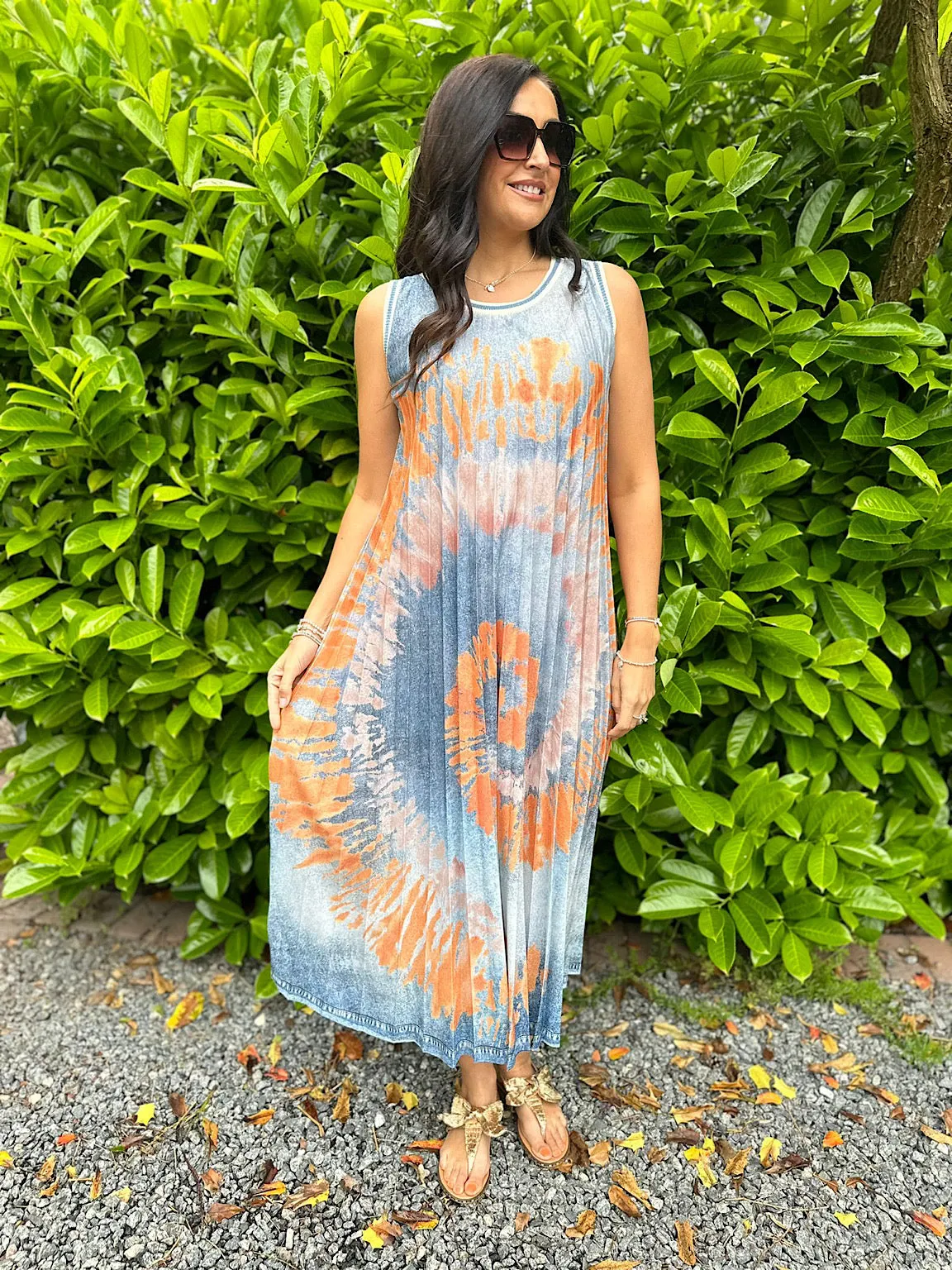 Orange Tie Dye Pleated Dress Fiona